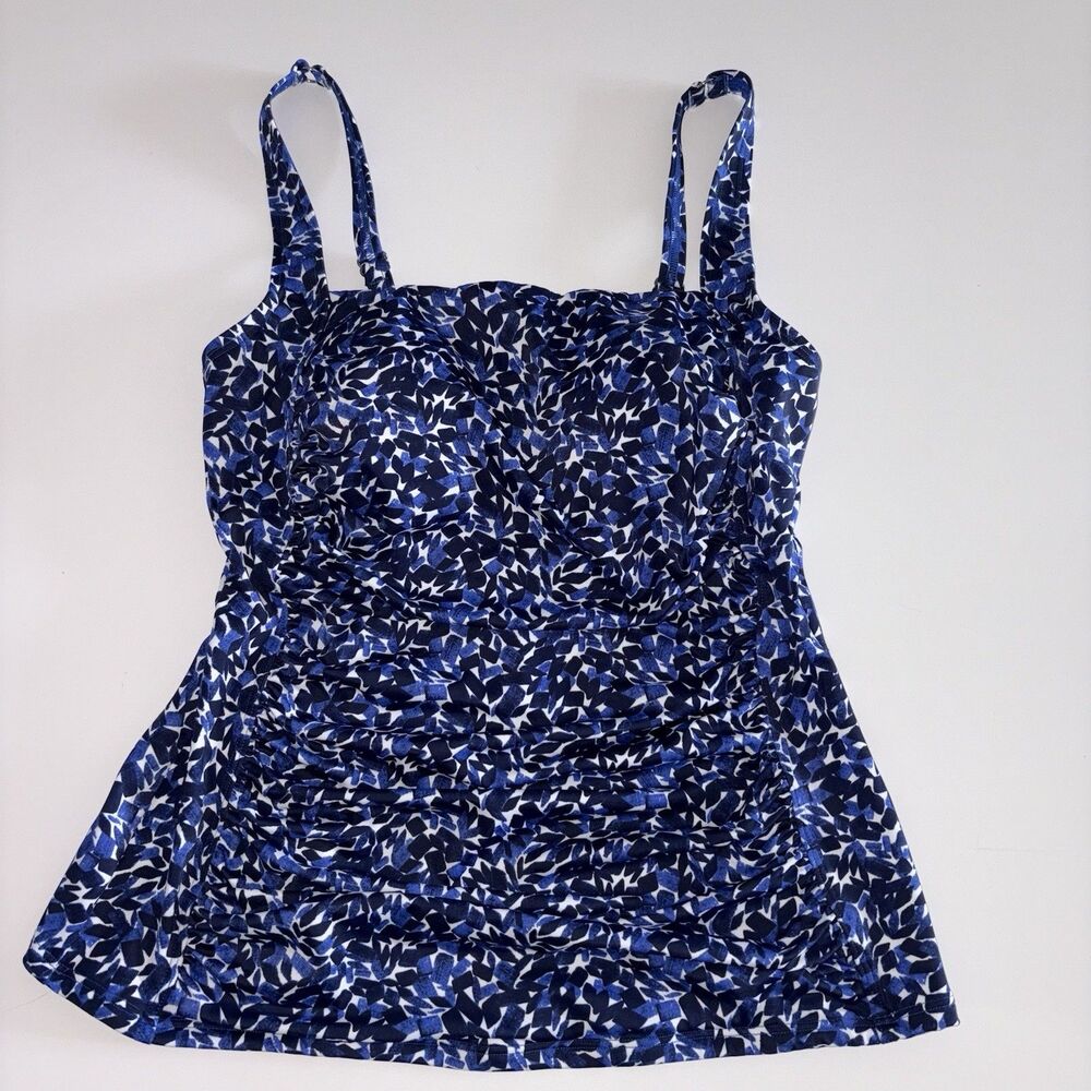 L.L. Bean Blue & White Print Tankini Swim Top Size 10 Side Ruching